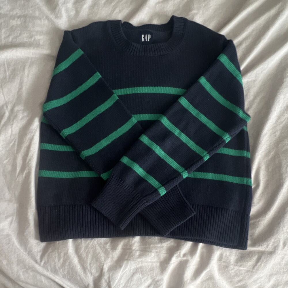 Gap Knit Pullover Sweater Navy Green Striped M Long Sleeve